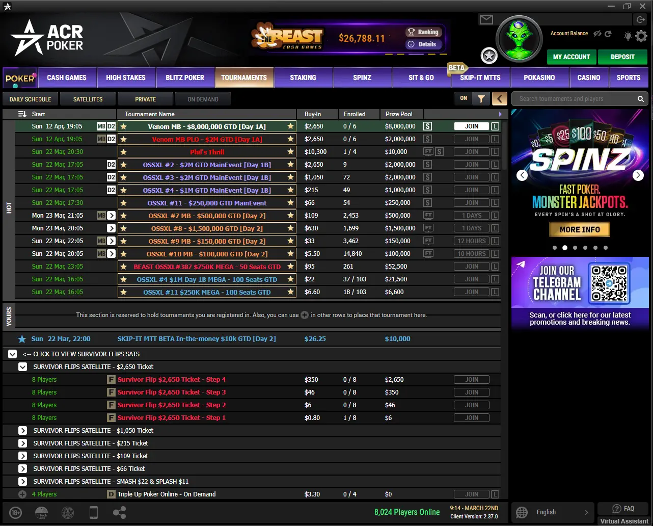 ACR Poker tournament lobby showing freeroll list