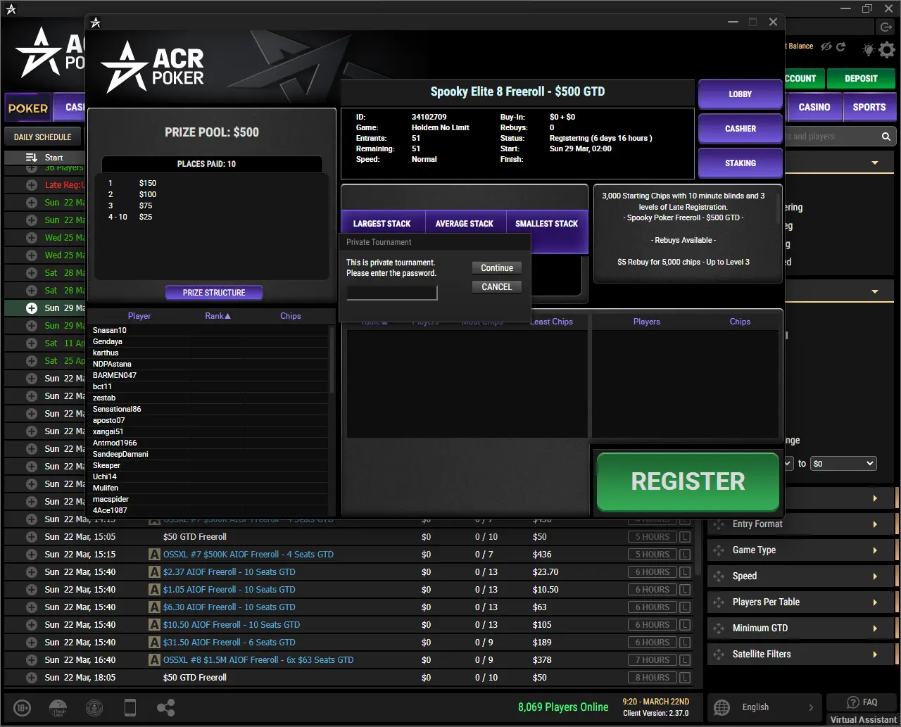 ACR Poker freeroll password entry screen