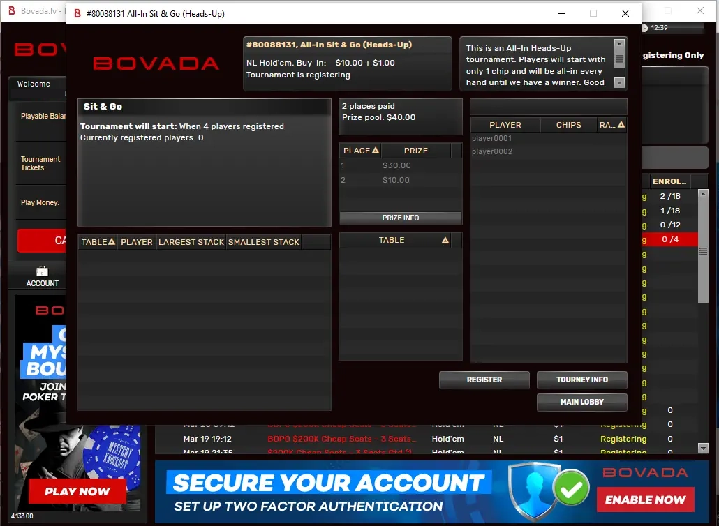 Bovada freeroll password entry screen
