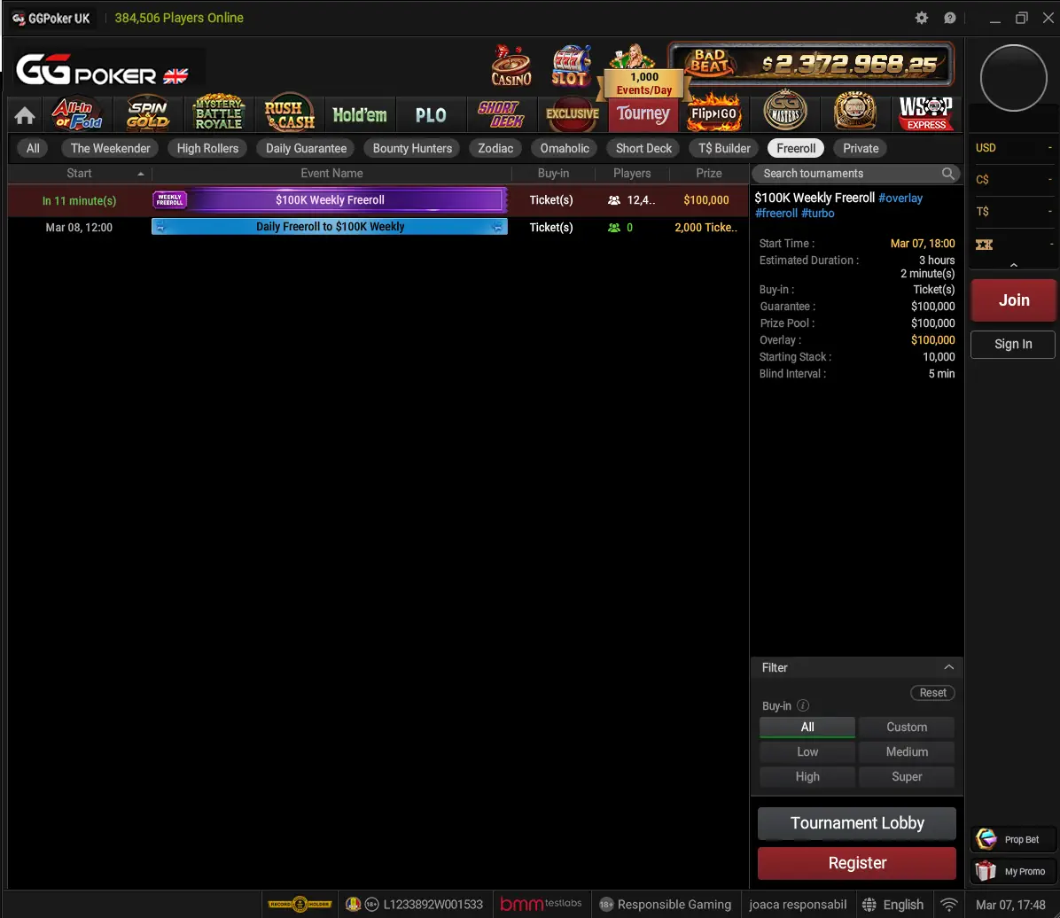 GGPoker MTT lobby filtered to show freerolls only