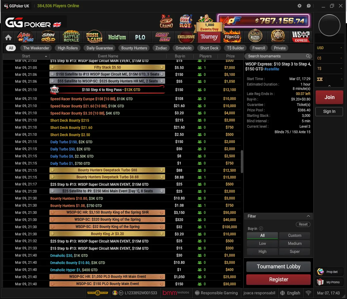 GGPoker tournament lobby with freeroll filter applied