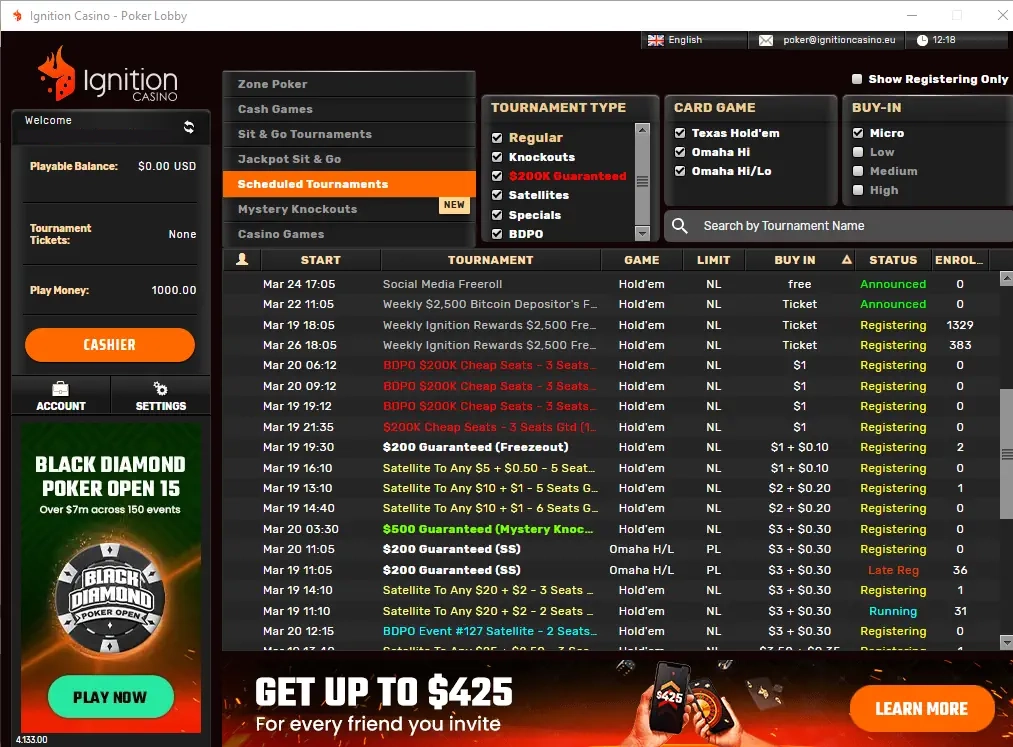 Ignition Casino poker lobby overview