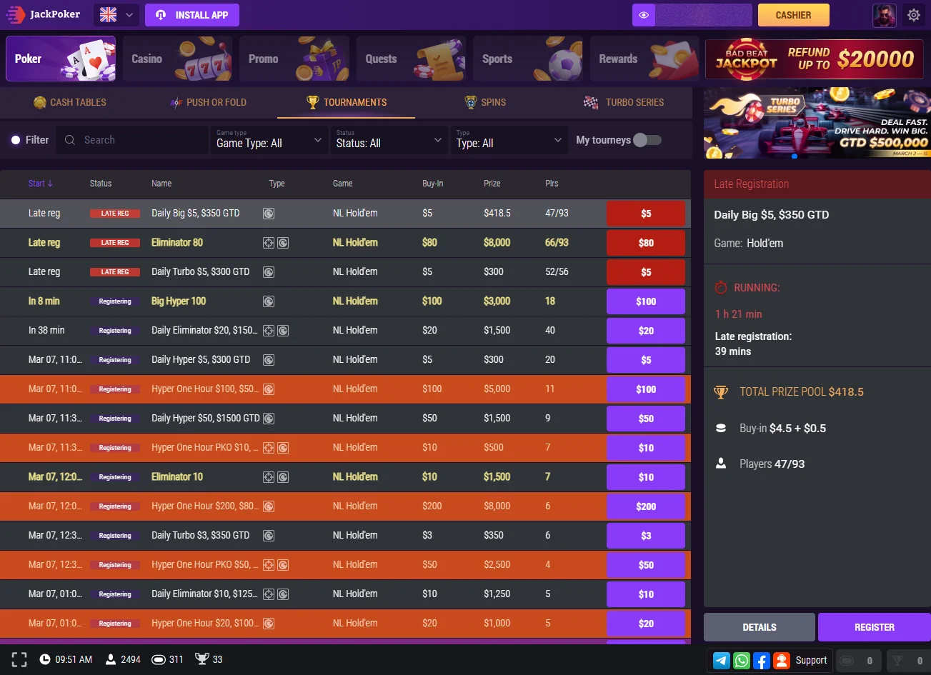 JackPoker tournament lobby showing freeroll list