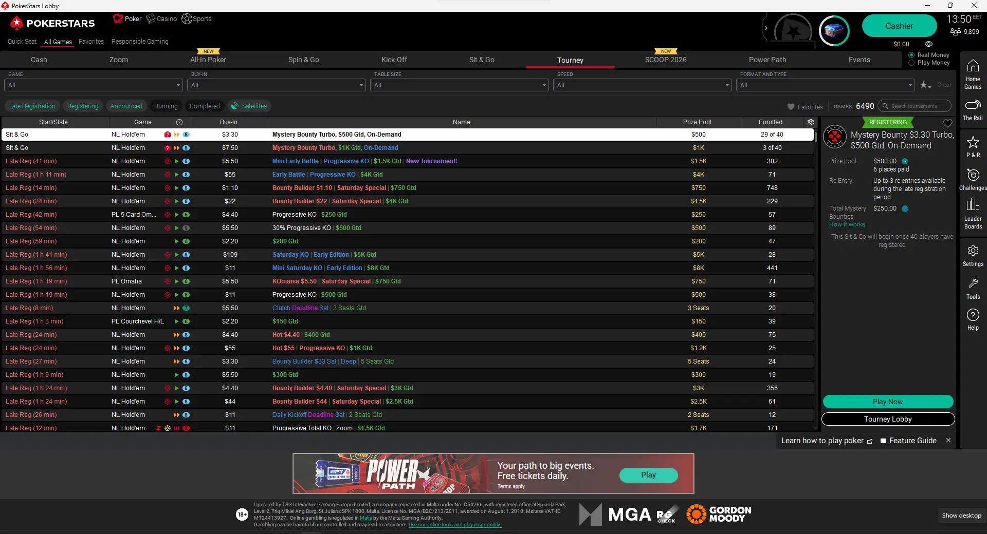 PokerStars tournament lobby showing freeroll listings