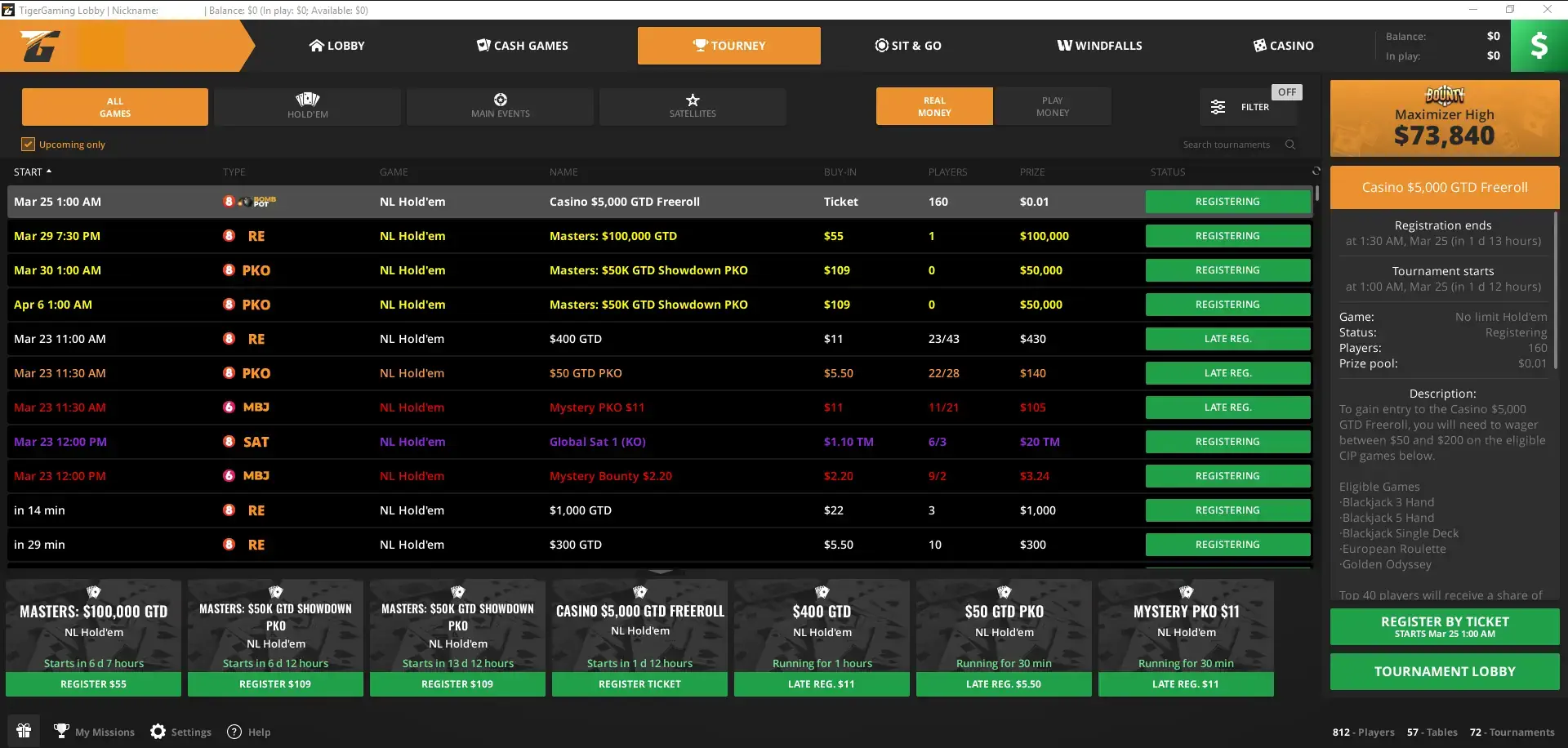 TigerGaming poker tournament lobby showing freerolls
